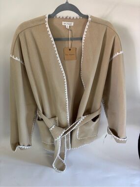 NWT Blu Pepper Tan Open-Front Belted Cardigan with White Trim